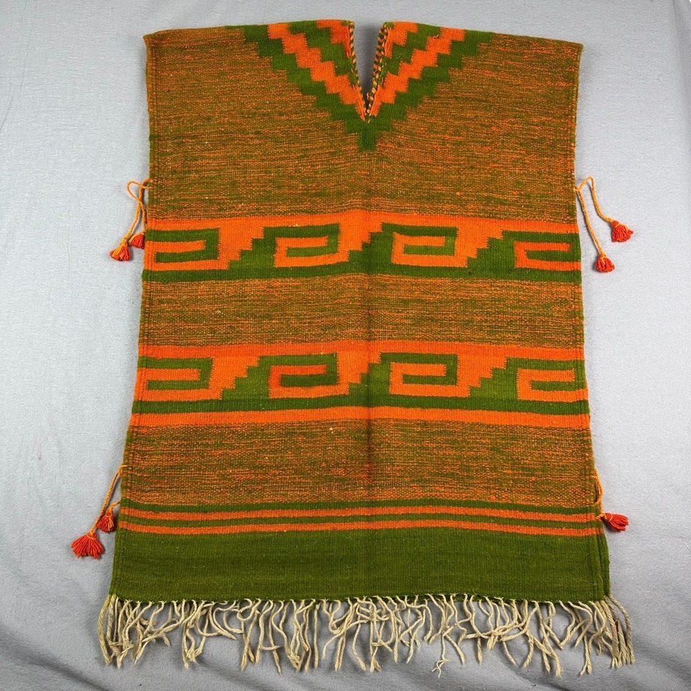 Handwoven Mexican Sarape Poncho Geometric Greca Wool Fringe Boho Southwestern